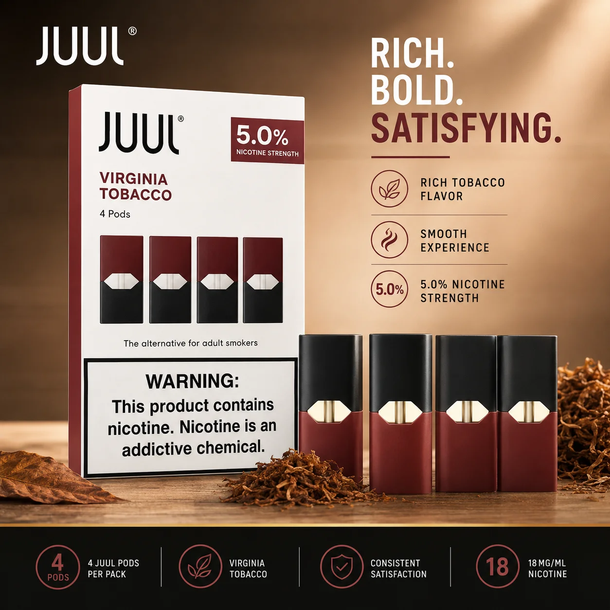 JUUL Virginia Tobacco Pods – 50mg, Pack of 4, Dubai