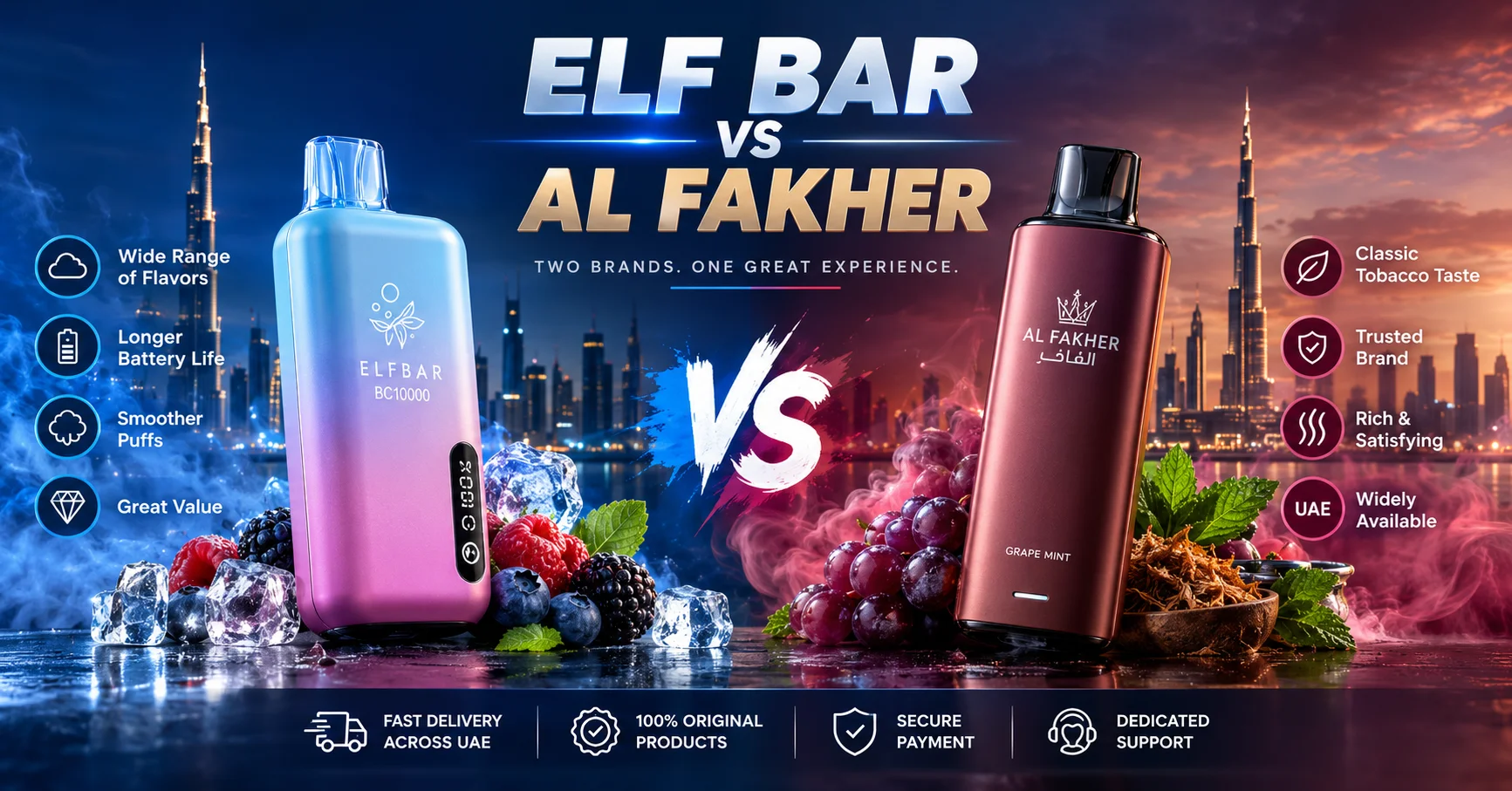 Puff count comparison chart for Elf Bar, Al Fakher, HQD, and Flonq disposable vapes