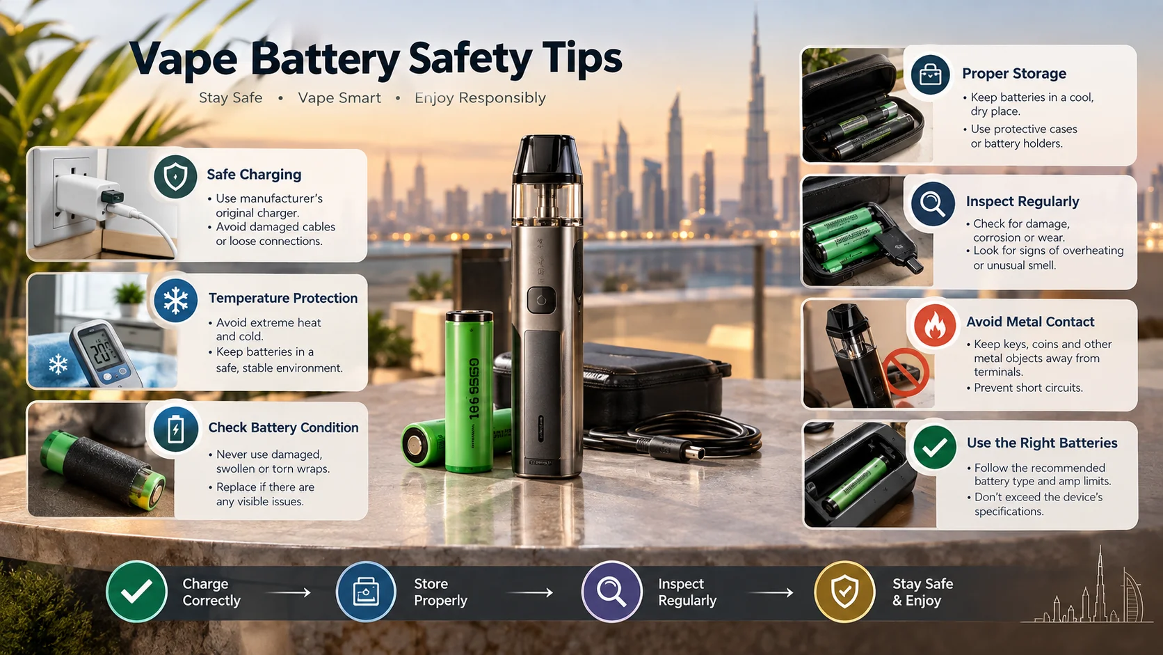 Vape battery left in direct sunlight on a car dashboard compared with one stored safely in a cool drawer