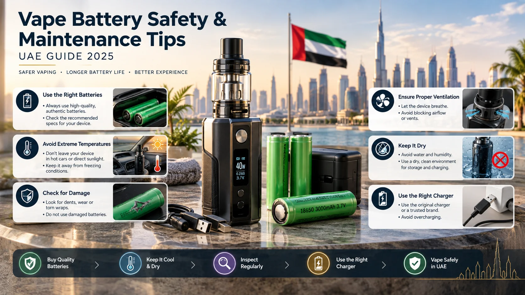 Swollen, damaged vape battery compared with a healthy battery to show the warning signs of battery failure