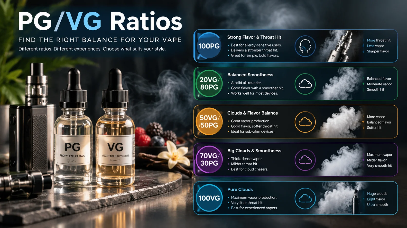 Visual chart comparing PG/VG ratios from 70/30 to 20/80 by throat hit and vapor output