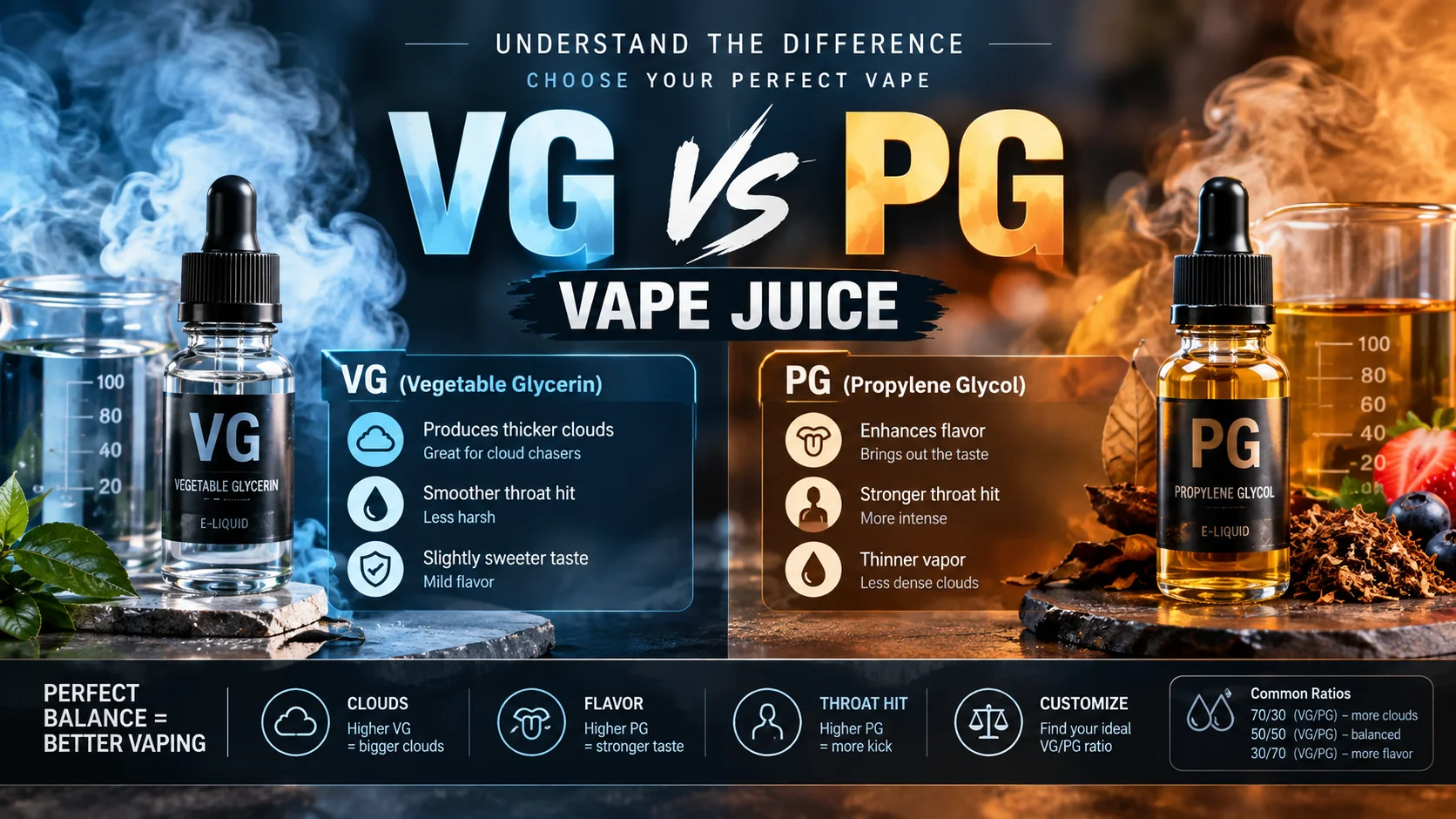 Small MTL pod coil next to a larger sub-ohm coil, each labeled with the PG/VG ratio it is built for