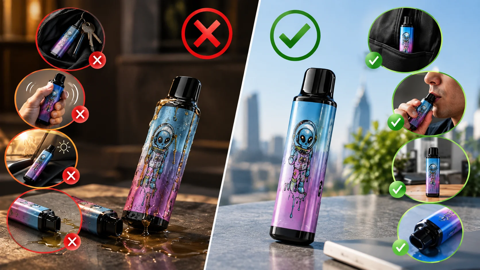 Vape pod leaking e-liquid near the airflow holes compared with a properly filled pod