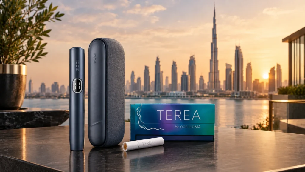 IQOS-device-charging-case-and-TEREA-tobacco-sticks-displayed-against-a-Dubai-skyline