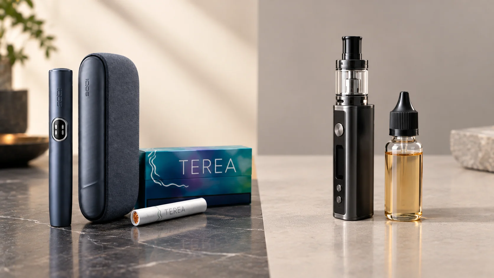 IQOS heated tobacco device and TEREA stick compared visually with a generic vape device