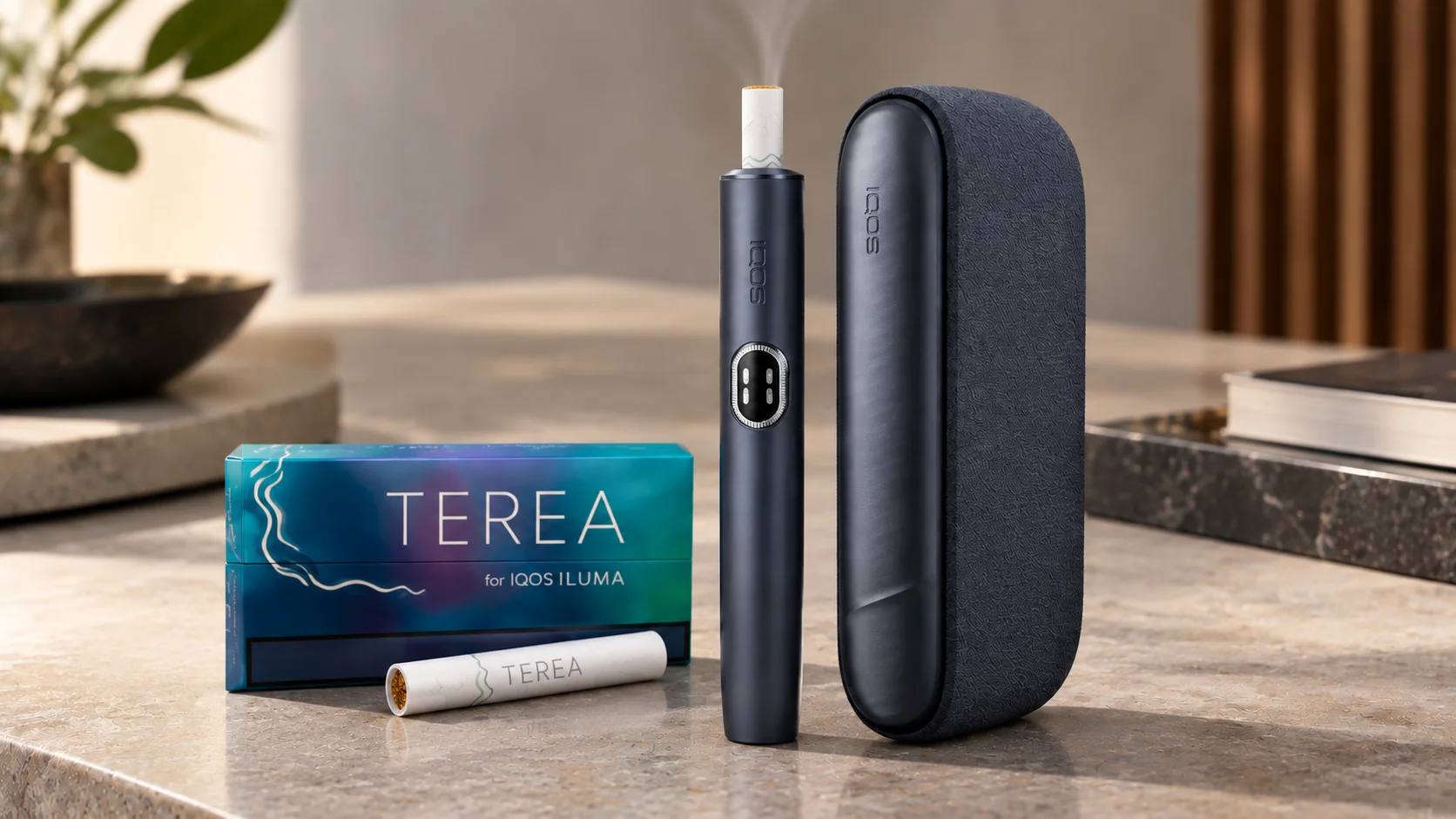 IQOS holder and TEREA tobacco stick arranged to illustrate heated tobacco use