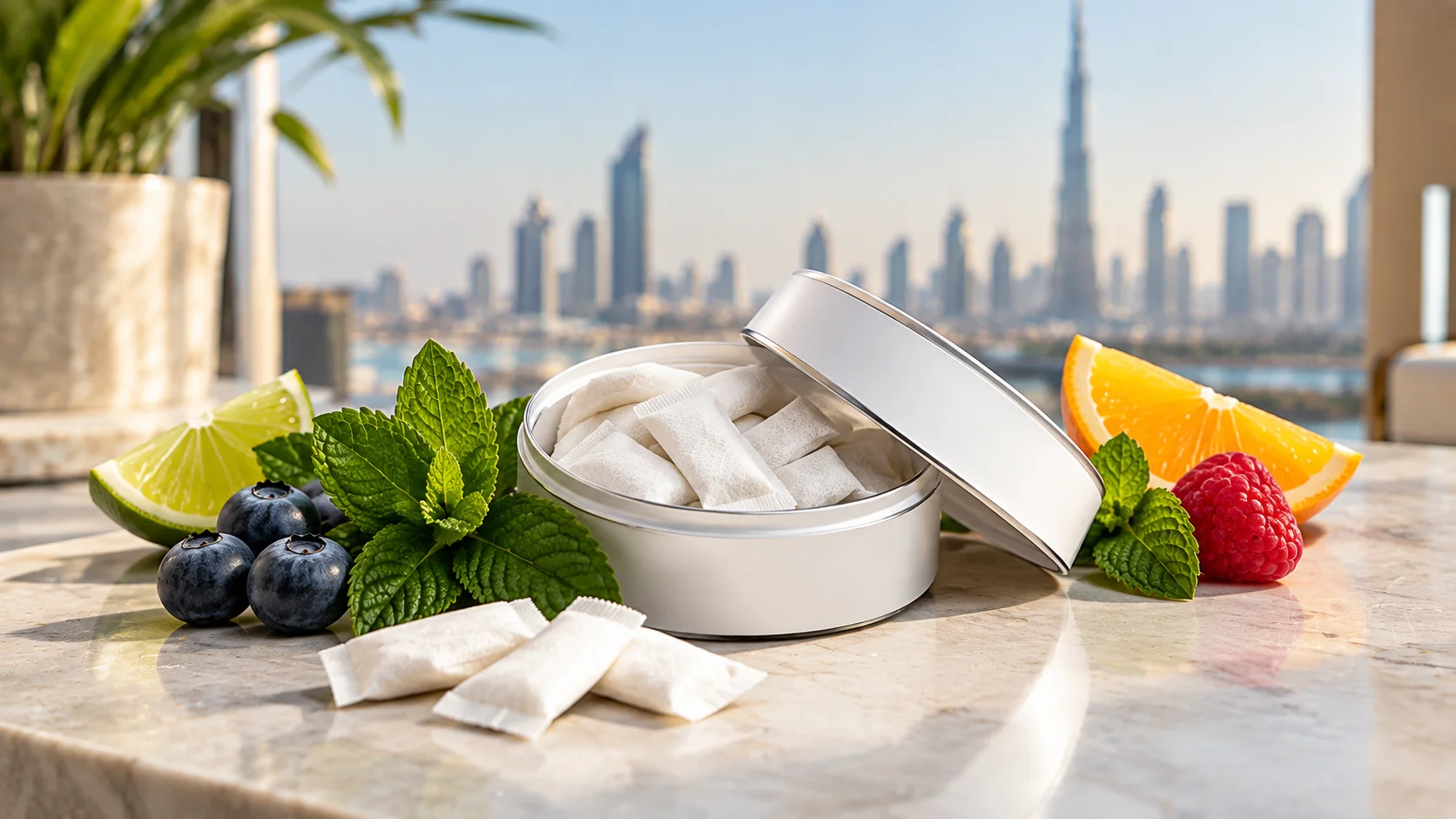 Nicotine pouch tin with individual pouches and fresh flavor ingredients