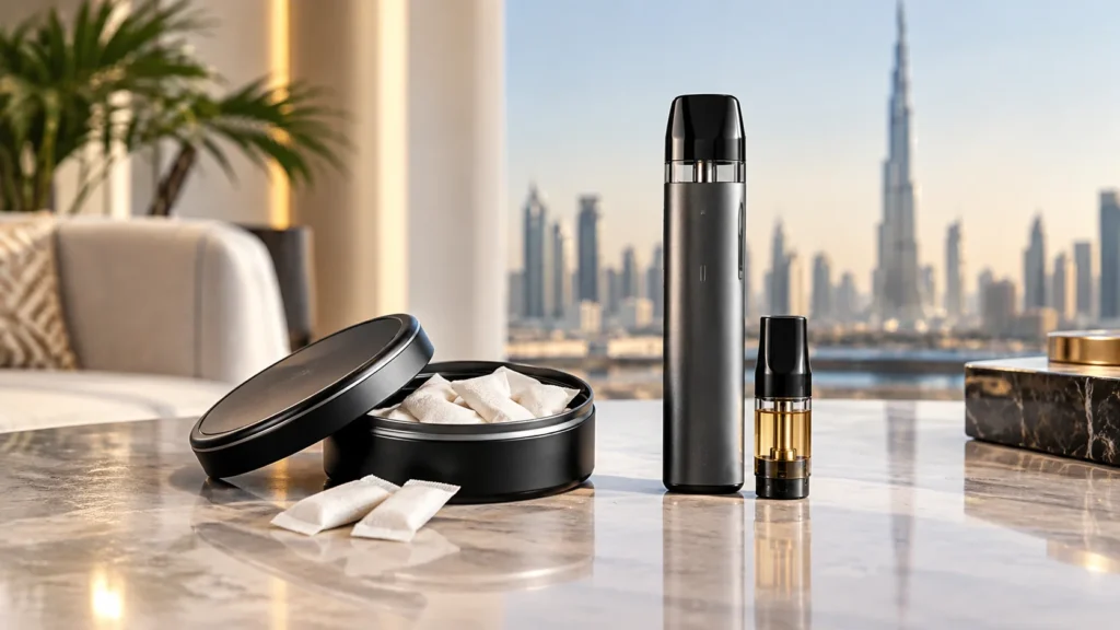 Nicotine pouches and vape device side by side in the UAE