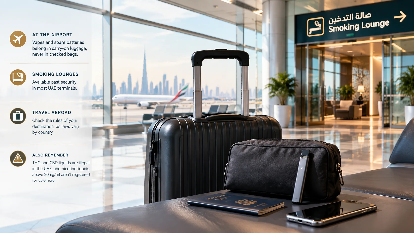 Designated airport smoking area in the UAE with a vaping device