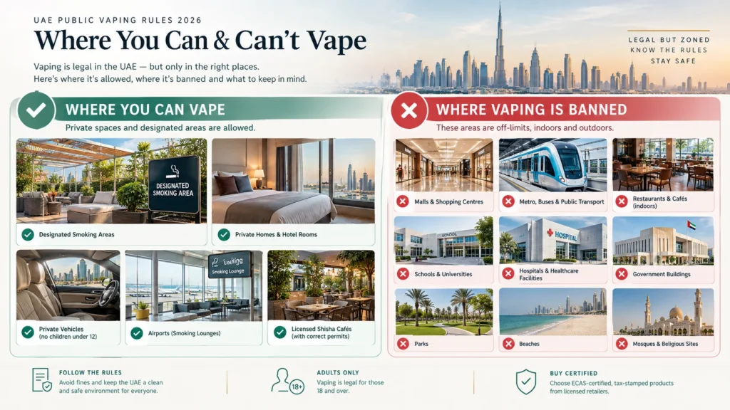 UAE vaping rules showing designated smoking areas and banned public places