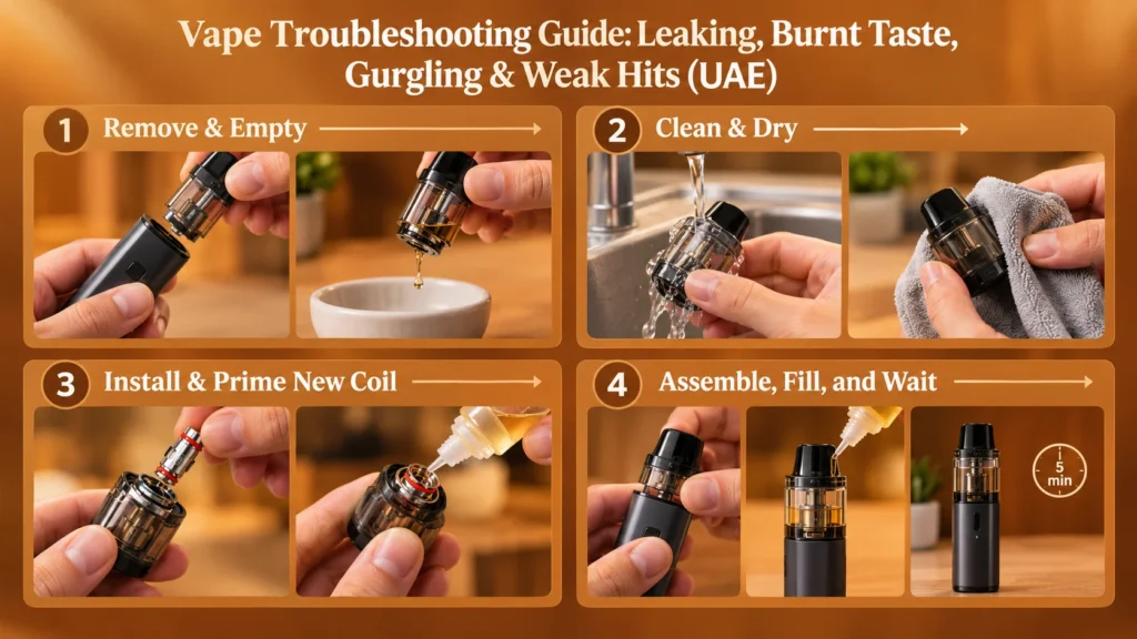 Vape Troubleshooting Guide: Leaking, Burnt Taste, Gurgling & Weak Hits (UAE)