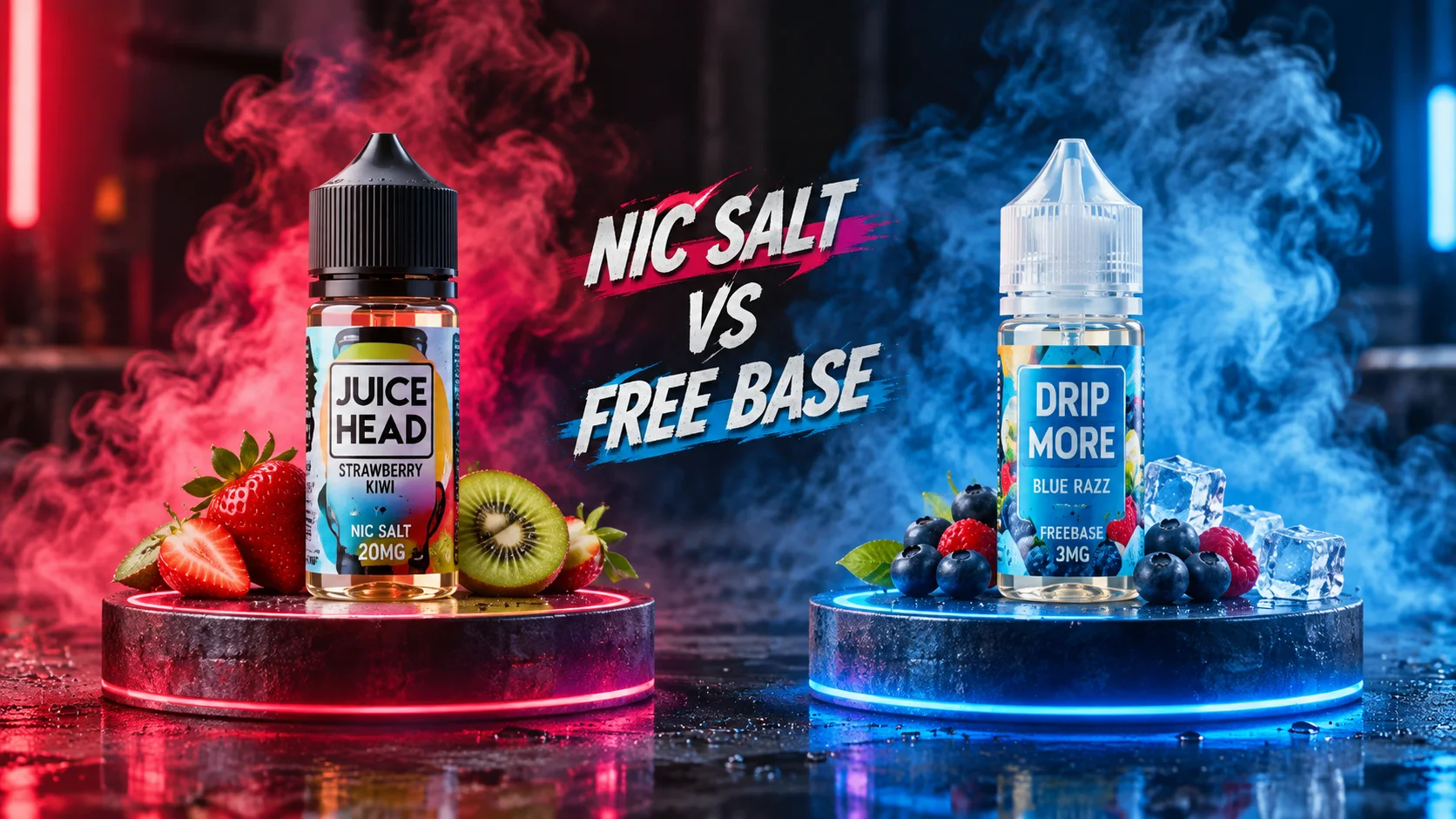 Chart comparing salt nic and freebase e-liquid across strength, throat hit, and device type