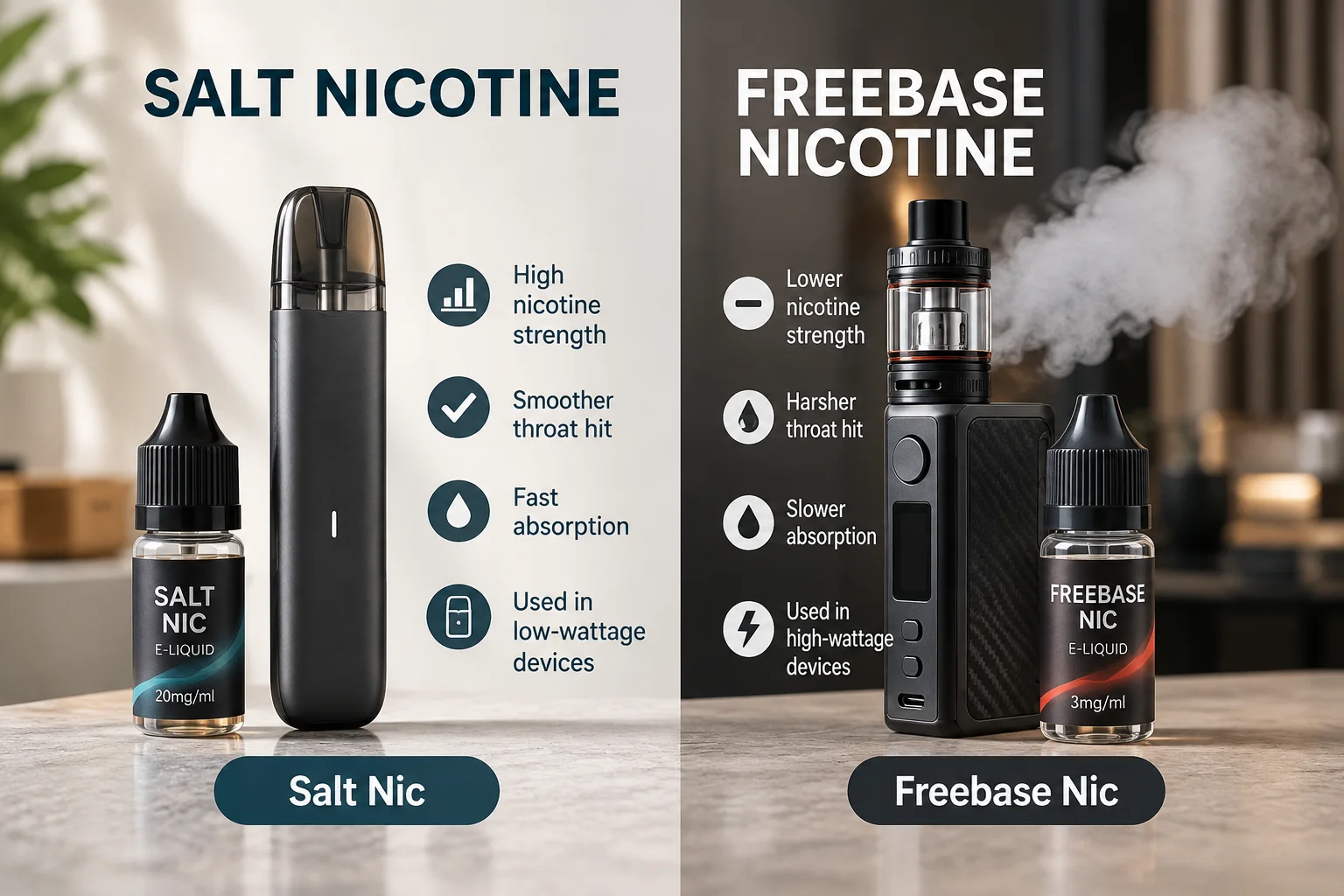 Salt nic and freebase e-liquid bottles compared side by side by nicotine strength