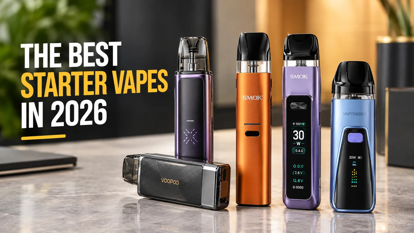 Beginner vape starter kit with a pod device, e-liquid bottle, and spare pods