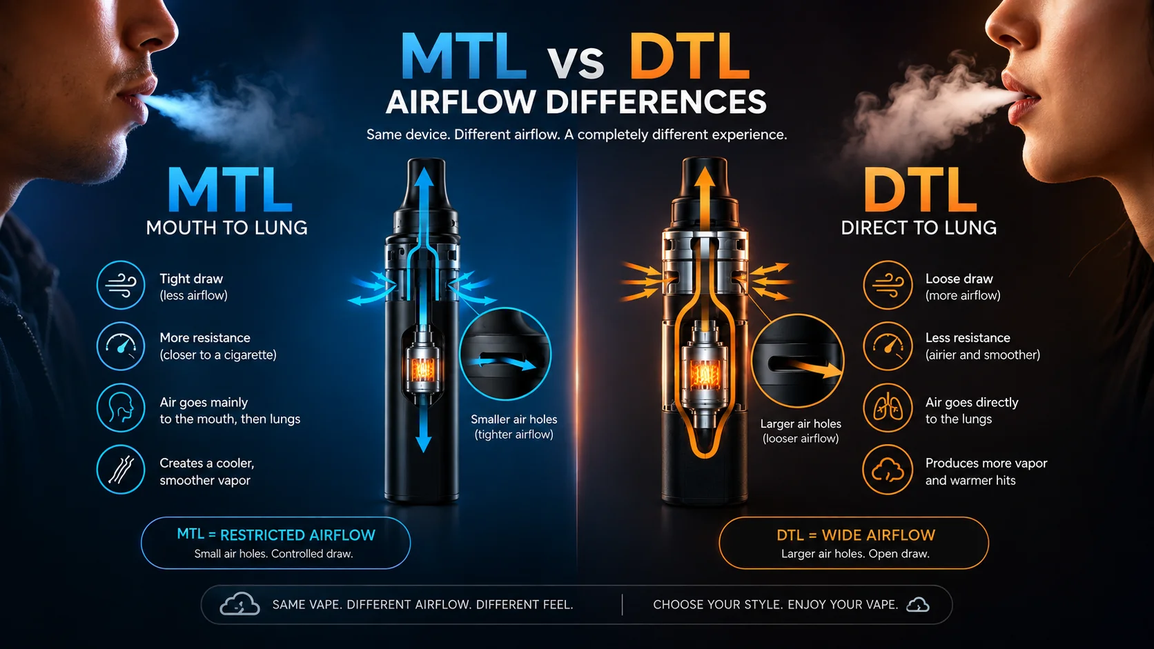MTL vs DTL airflow differences showing draw resistance, air holes, vapor production and device airflow paths