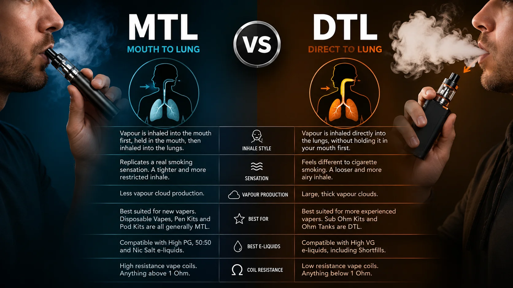 MTL vs DTL vaping comparison showing inhalation style, vapor production, suitable devices, e-liquids and coil resistance